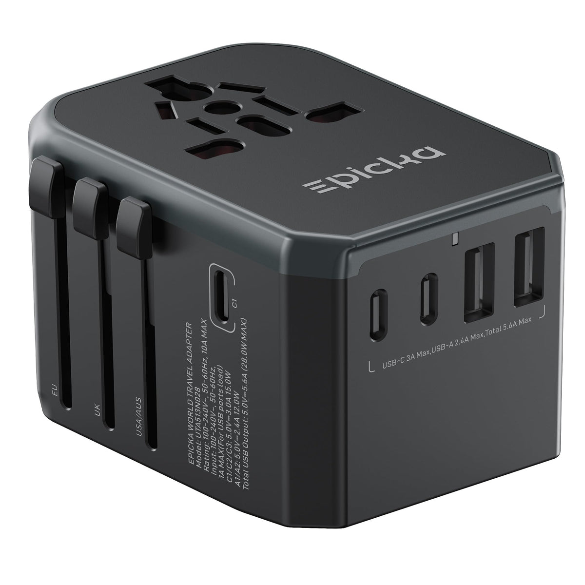 EPICKA adaptador frontal mostrando puertos AC y USB, orden y conveniencia