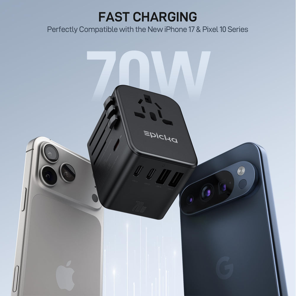Epicka interchangeable plug types folded for worldwide compatibility benefit