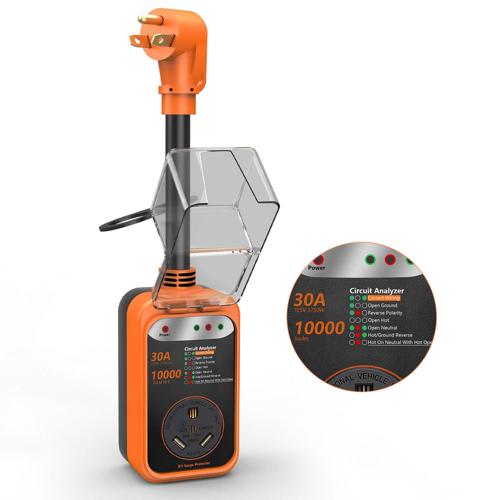 EPLCSE protector de sobretensión frontal mostrando entradas y carcasa resistente