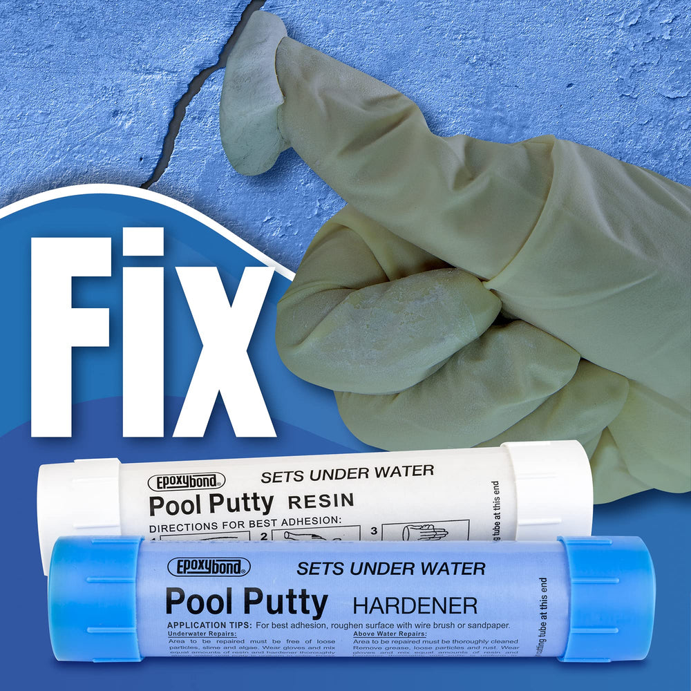 Epoxybond Pool Putty junto a una moneda para comparar tamaño del contenido, práctico y compacto