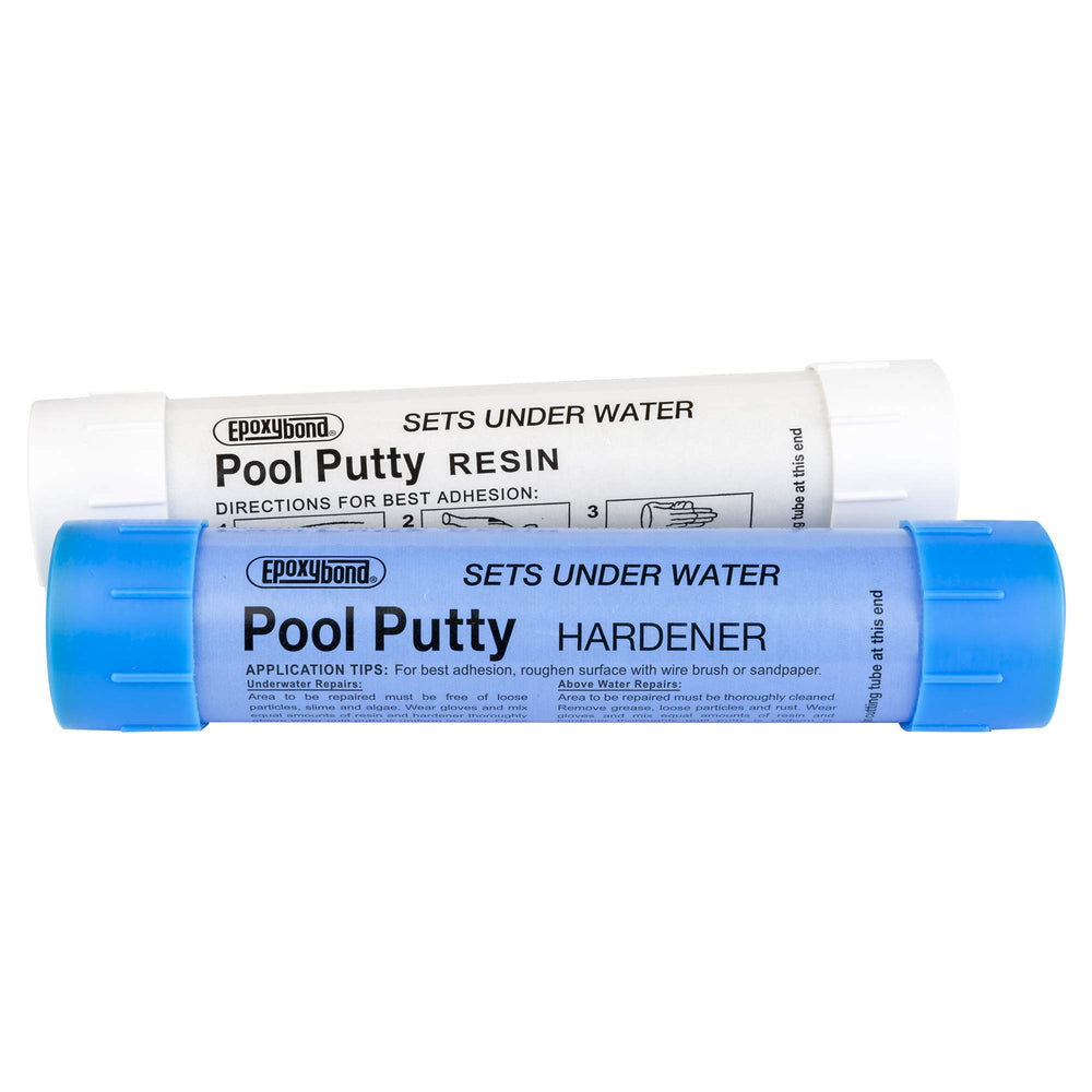 Epoxybond Pool Putty envase frontal mostrando instrucciones y diseño, solución rápida