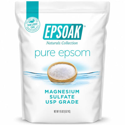Epsoak front packaging showing 19 lb bag and branding benefits