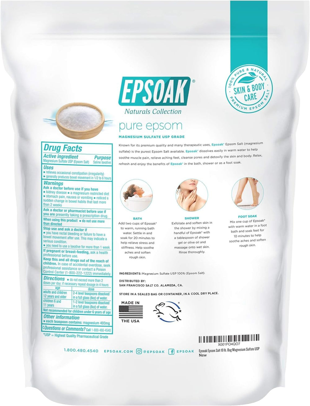 Epsoak label close-up showing made in USA and cruelty-free badge