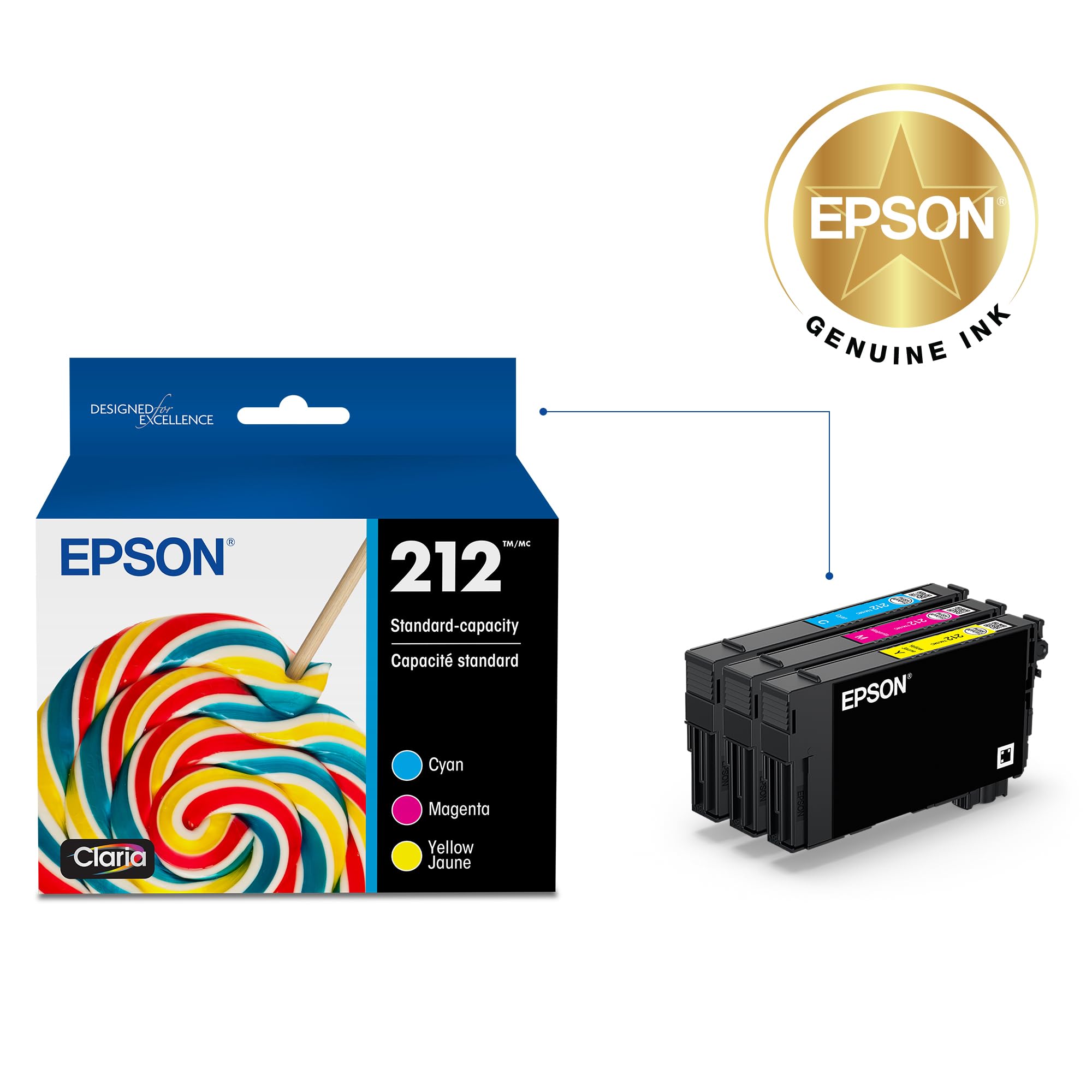 Epson close-up of the individual cyan magenta yellow cartridges for easy replacement