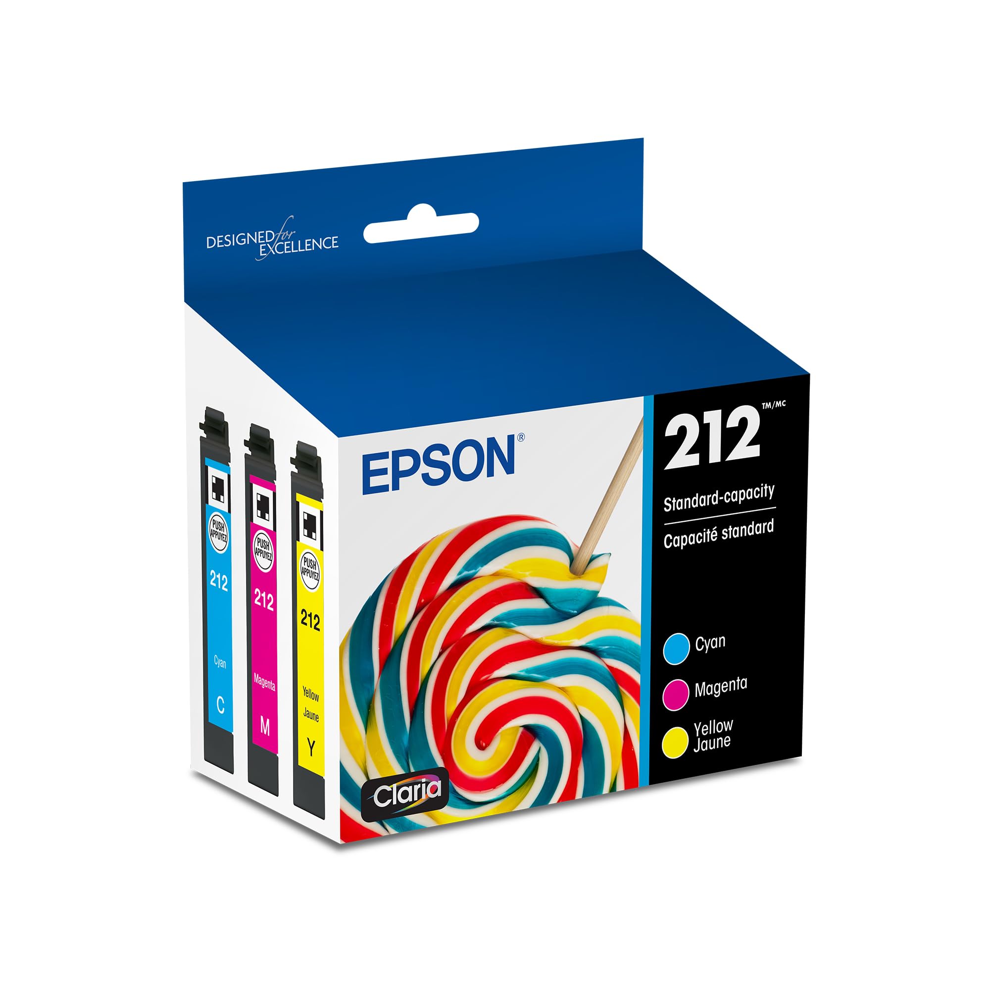 Epson 212 front packaging showing three color cartridges and benefits