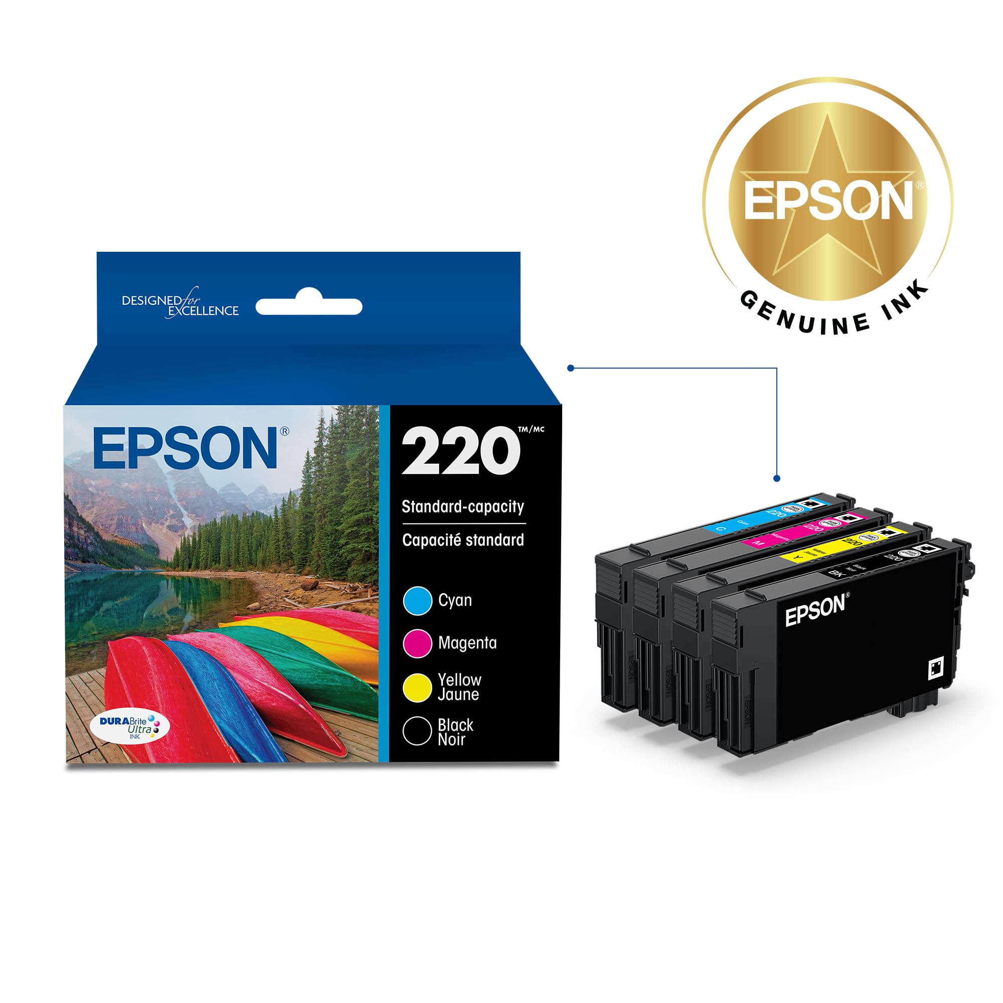 Epson detalle etiqueta con modelo T220120-BCS, facilita ver compatibilidad rápida