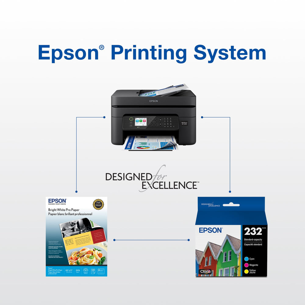 Escena de escritorio con impresora Epson y cartuchos para oficina doméstica