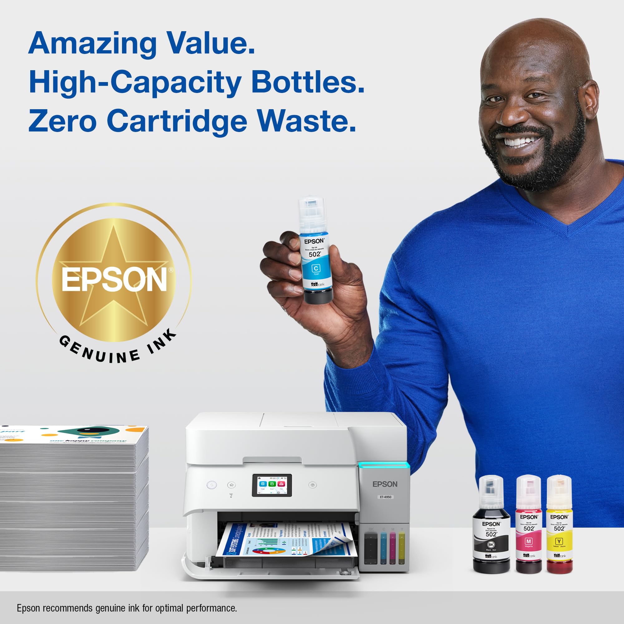 Epson 502 bottle size versus hand for scale showing high-capacity convenience