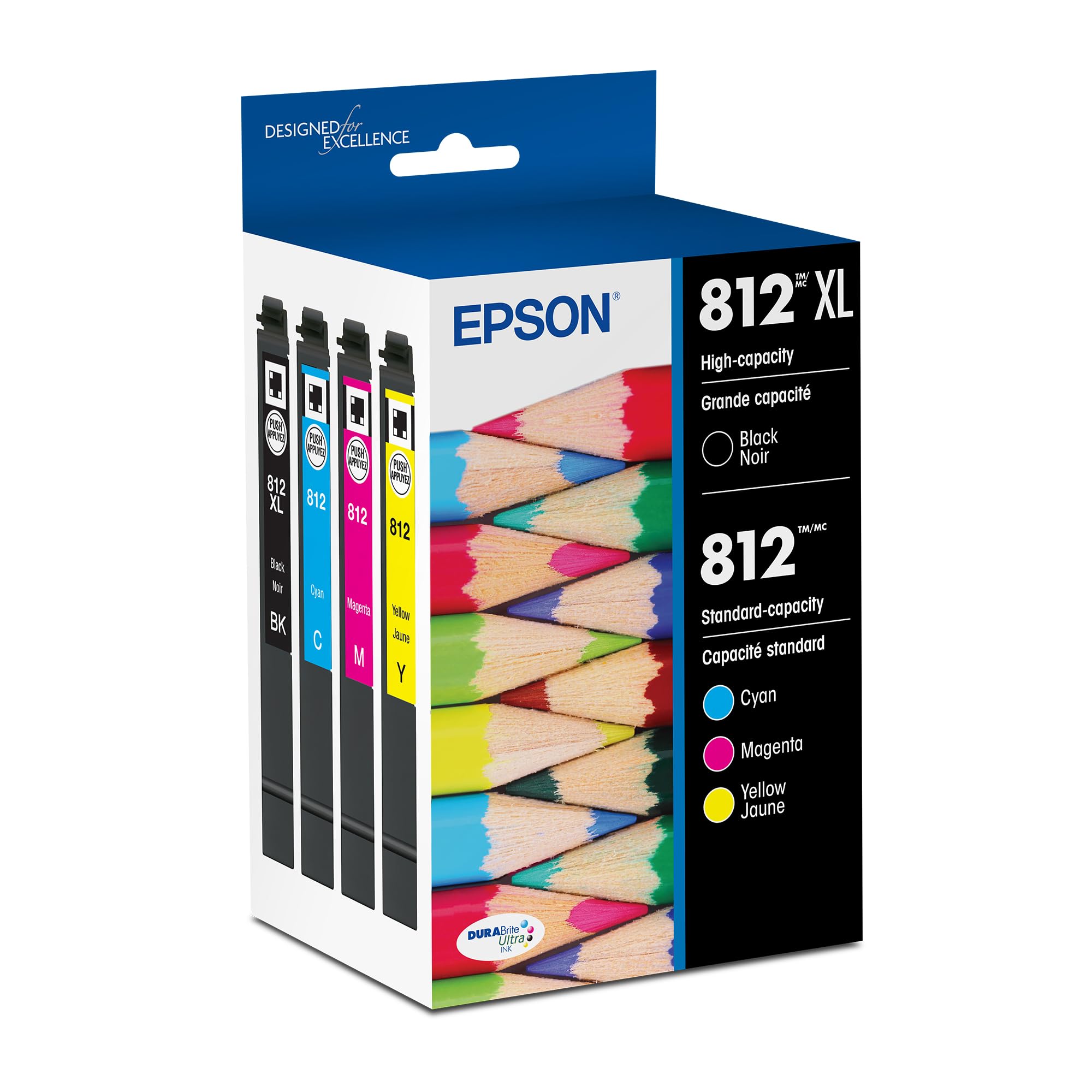 Epson 812 front packaging showing combo pack and benefit of reliable ink