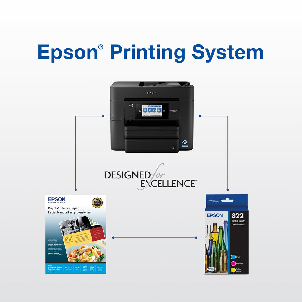 Páginas impresas con cartucho Epson 822XL magenta en ambiente de oficina profesional