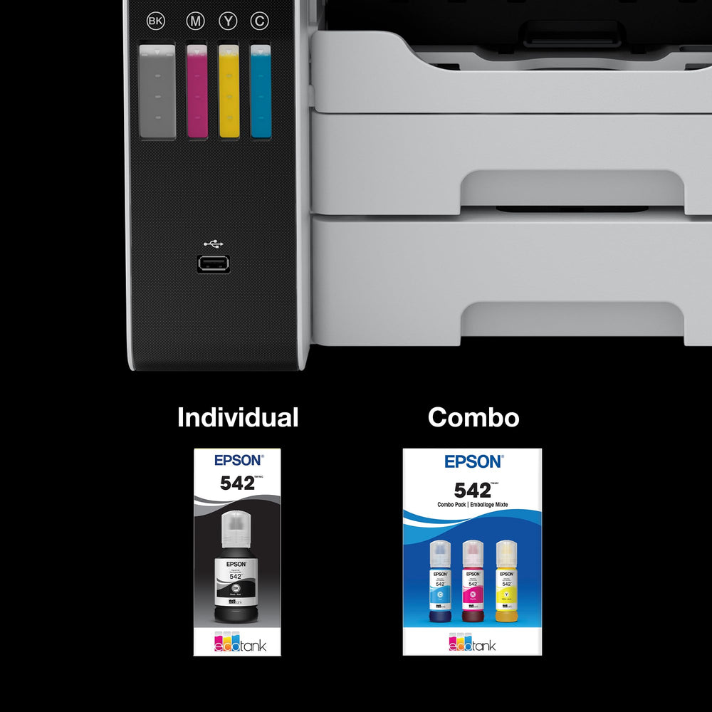 Epson botella junto a manos para comparar tamaño y verificar gran capacidad
