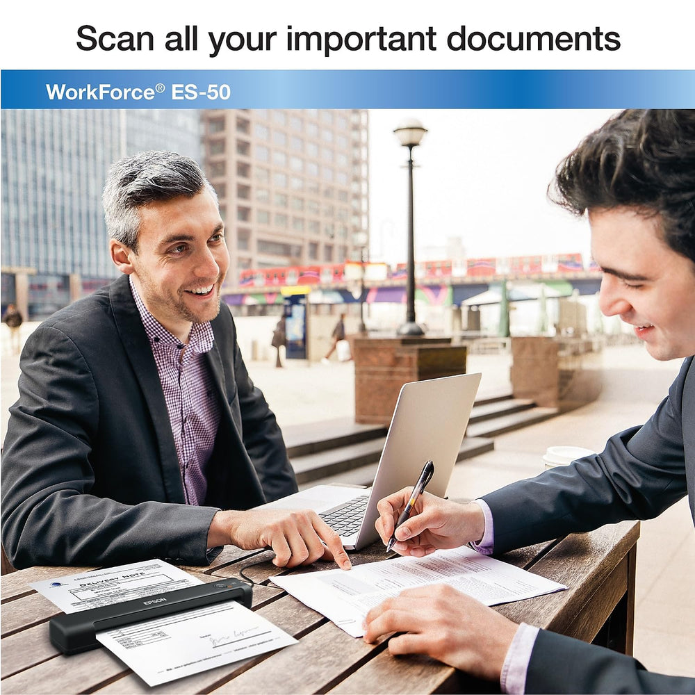 Epson ES-50 next to laptop showing scale and travel-ready convenience benefit