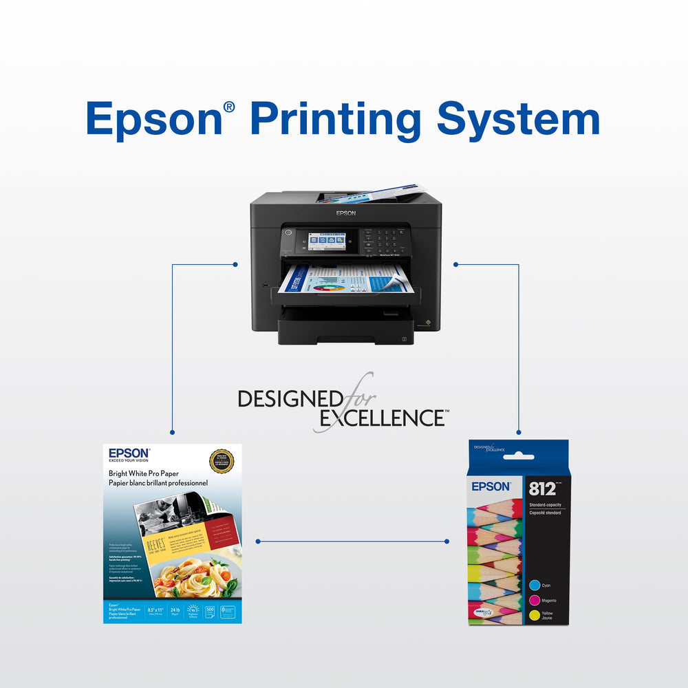 Epson cartucho en oficina con impresora y papeles, demostrando productividad y menos intervenciones