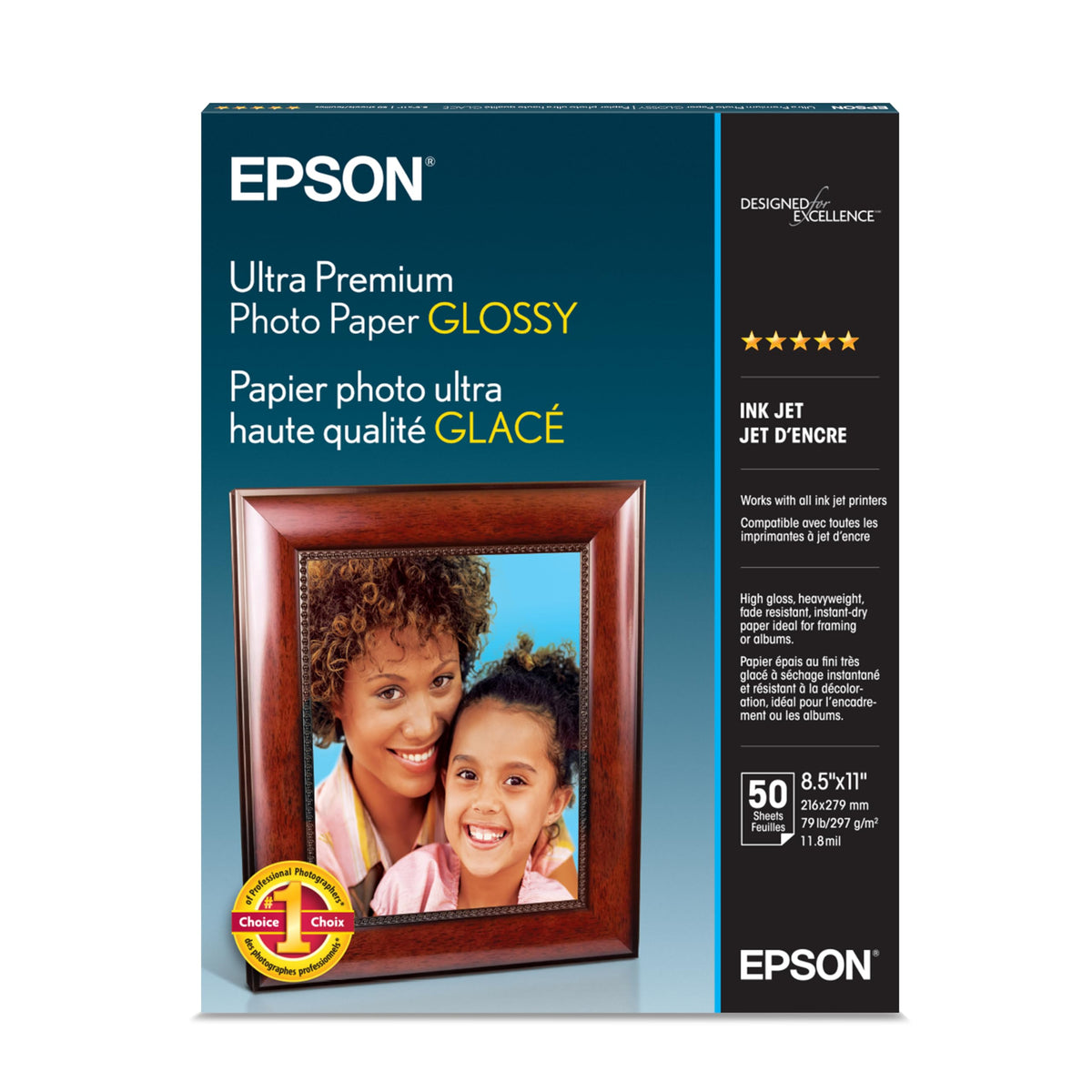 Epson paquete frontal brillante mostrando marca y 50 hojas, impresión consistente