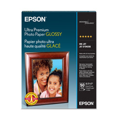 Epson paquete frontal brillante mostrando marca y 50 hojas, impresión consistente