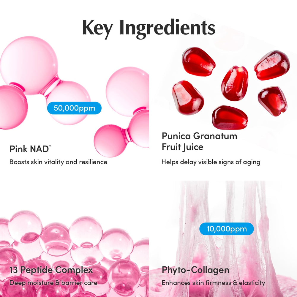 EQQUALBERRY ingredient bottles labeled NAD+ and peptides, emphasizes advanced formula