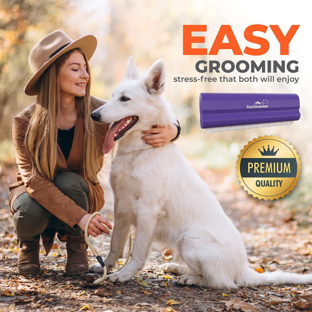EquiGroomer grooming on couch in home setting reduces loose hair on furniture