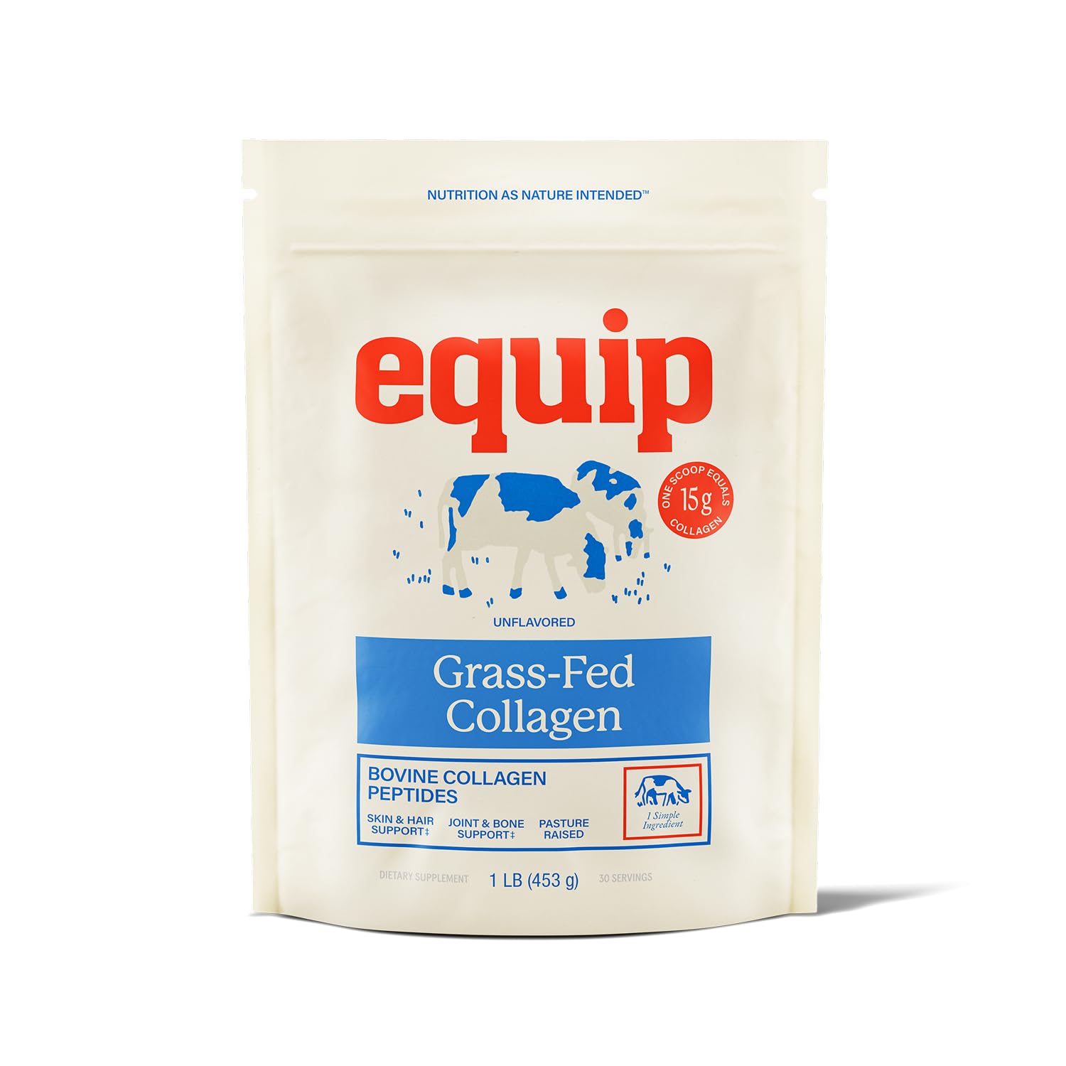 Envase frontal Equip Grass Fed Collagen Powder mostrando tamaño y marca, ideal para añadir colágeno diario