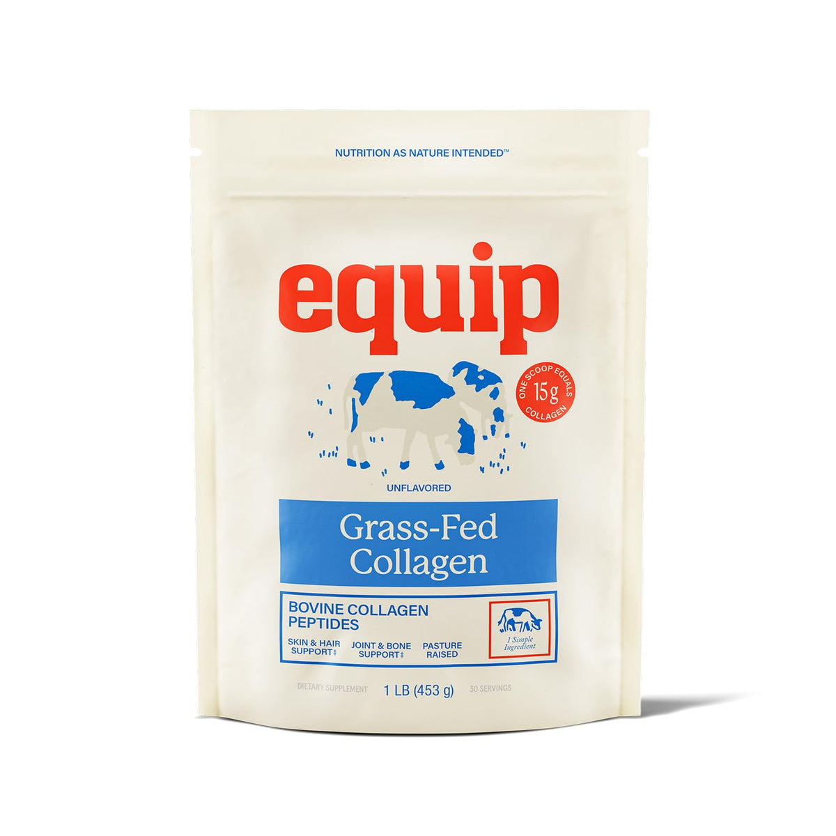 Envase frontal Equip Grass Fed Collagen Powder mostrando tamaño y marca, ideal para añadir colágeno diario