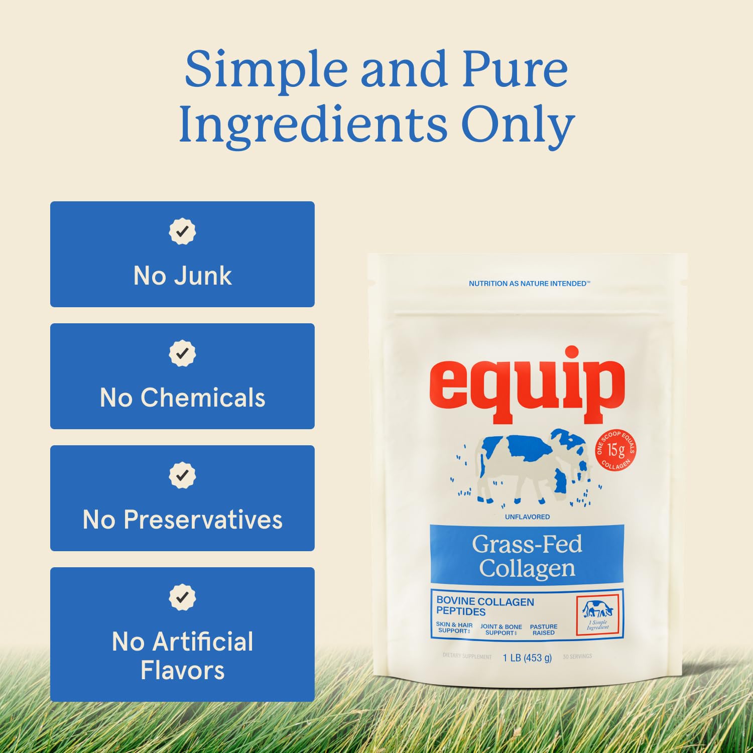 Etiqueta nutricional de Equip Grass Fed Collagen con información clara de péptidos y aminoácidos