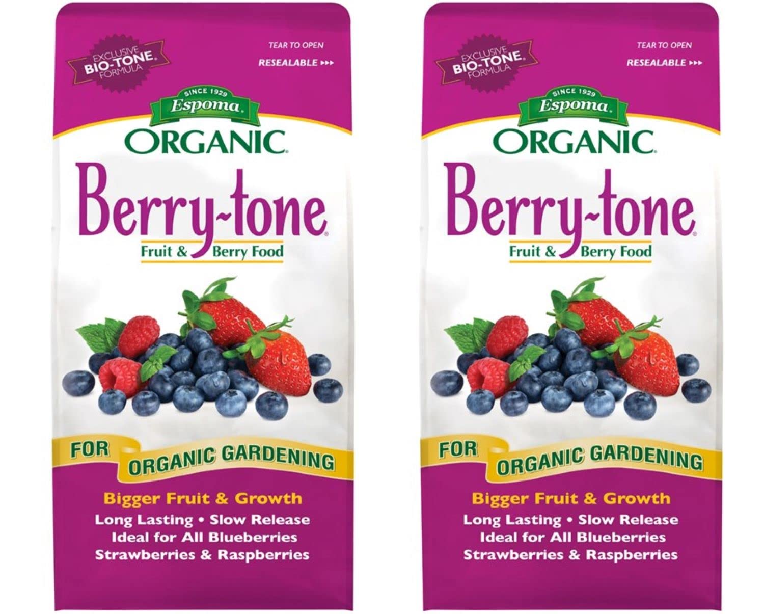 Espoma Berry-Tone frente del envase mostrando información del producto y beneficios