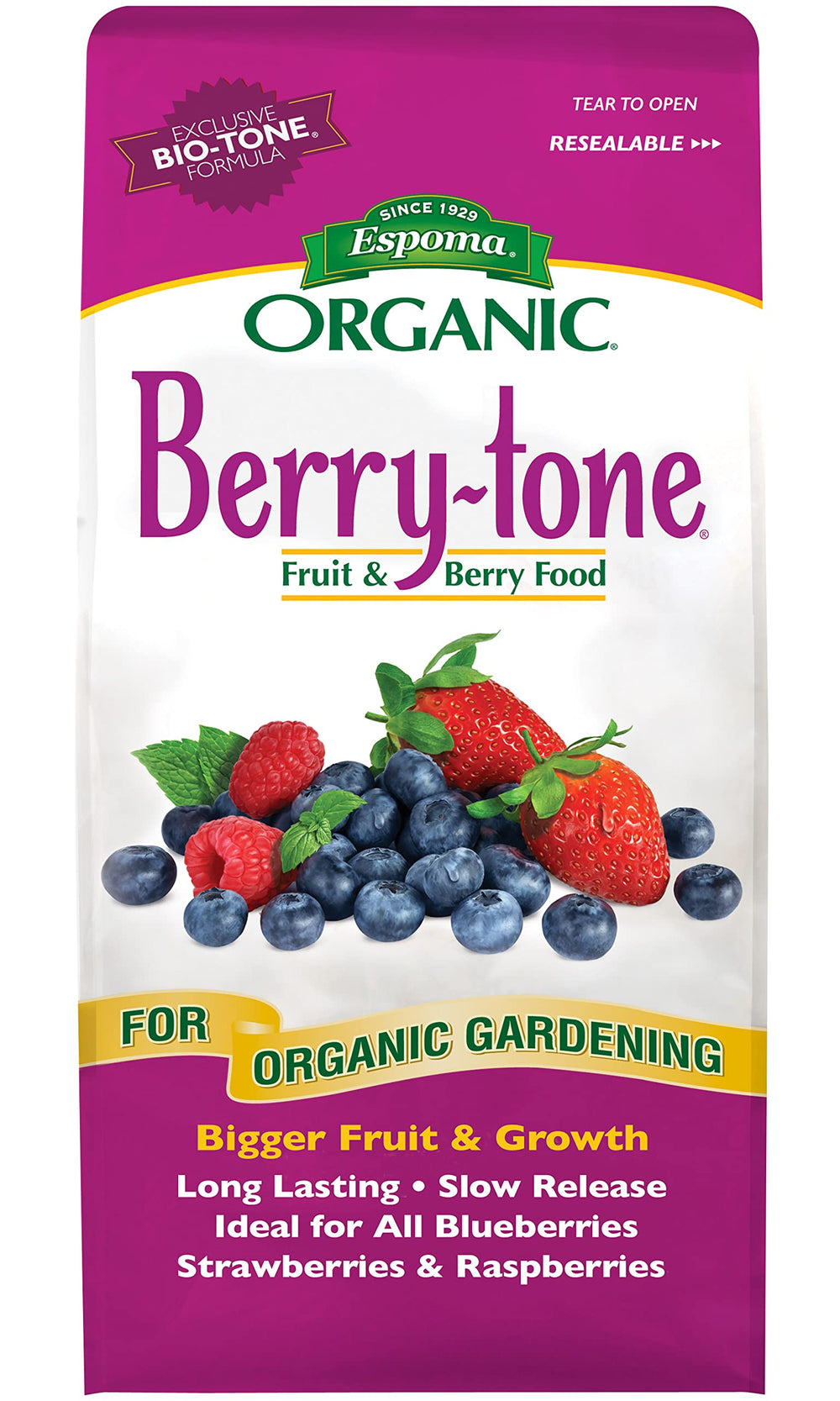 Espoma Berry-Tone textura granular lista para aplicar y mejora del suelo