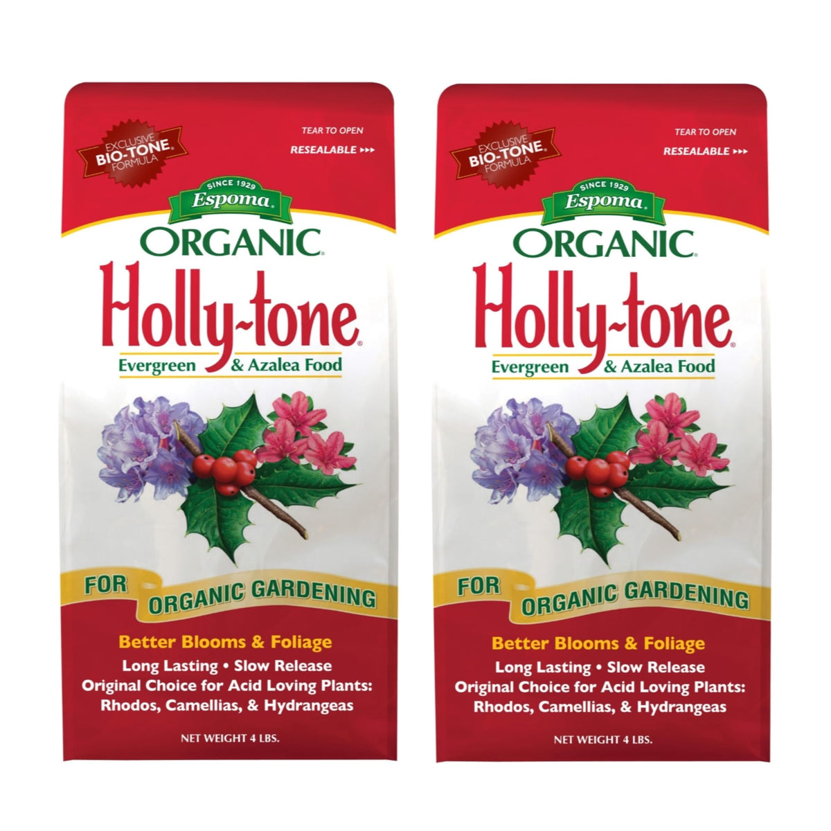 Espoma Holly-Tone frente del empaque mostrando diseño y beneficios