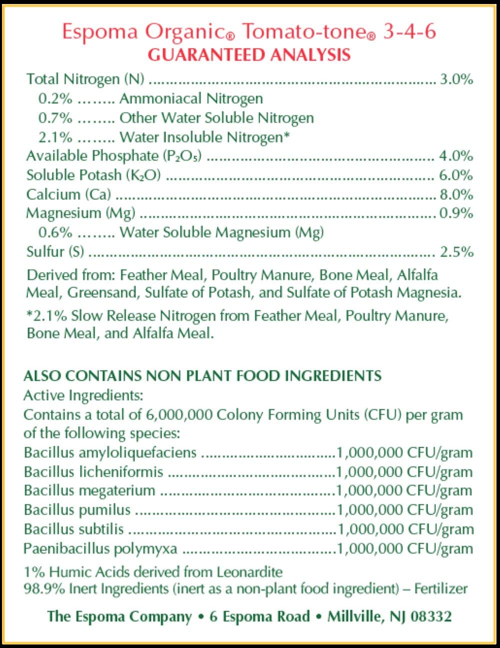 Espoma Tomato-Tone close-up label showing N-P-K and calcium benefit