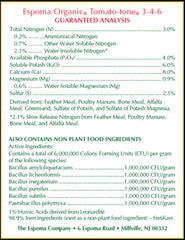 Espoma Tomato-Tone close-up label showing N-P-K and calcium benefit