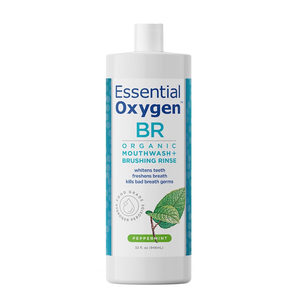 Essential Oxygen botella frontal de 32 oz mostrando la etiqueta orgánica y beneficios