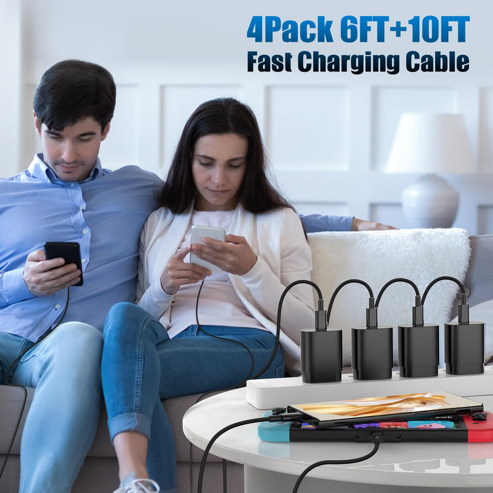 Essri empaque y contenido del kit mostrando cargadores y cuatro cables incluidos