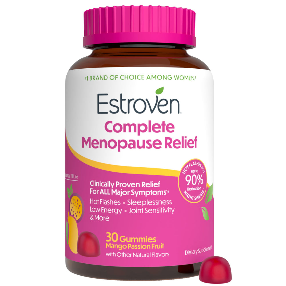 Estroven envase frontal mostrando 30 gominolas y marca para identificación rápida