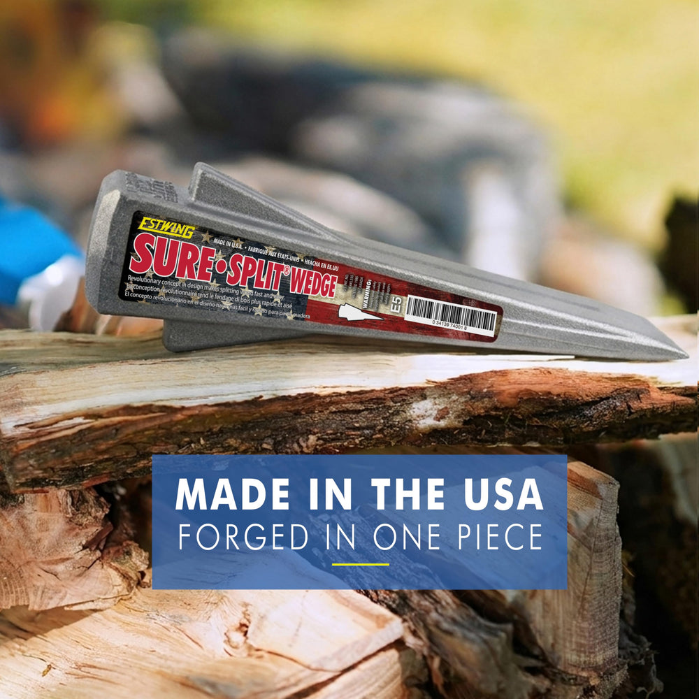 Estwing Sure Split Wedge next to ruler showing scale and 5-pound heft benefit