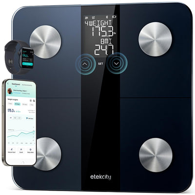 Etekcity front view scale on floor showing compact design and accurate weighing