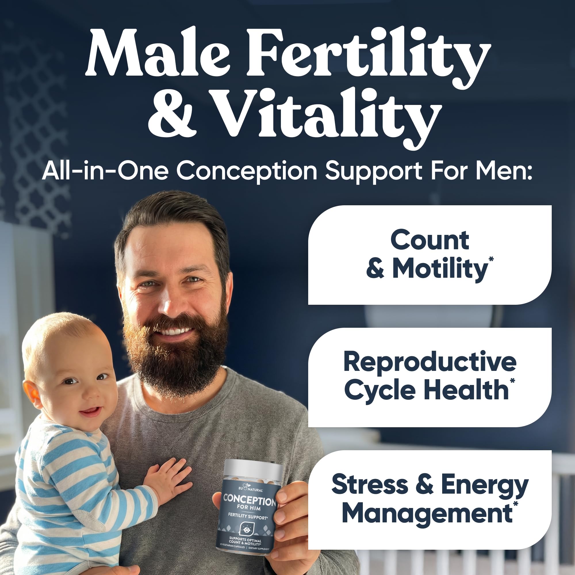 Eu Natural etiqueta con lista de nutrientes clave para salud reproductiva masculina