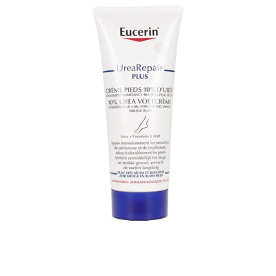 Eucerin crema de pies 10% urea frasco frontal mostrando etiqueta y beneficios hidratantes