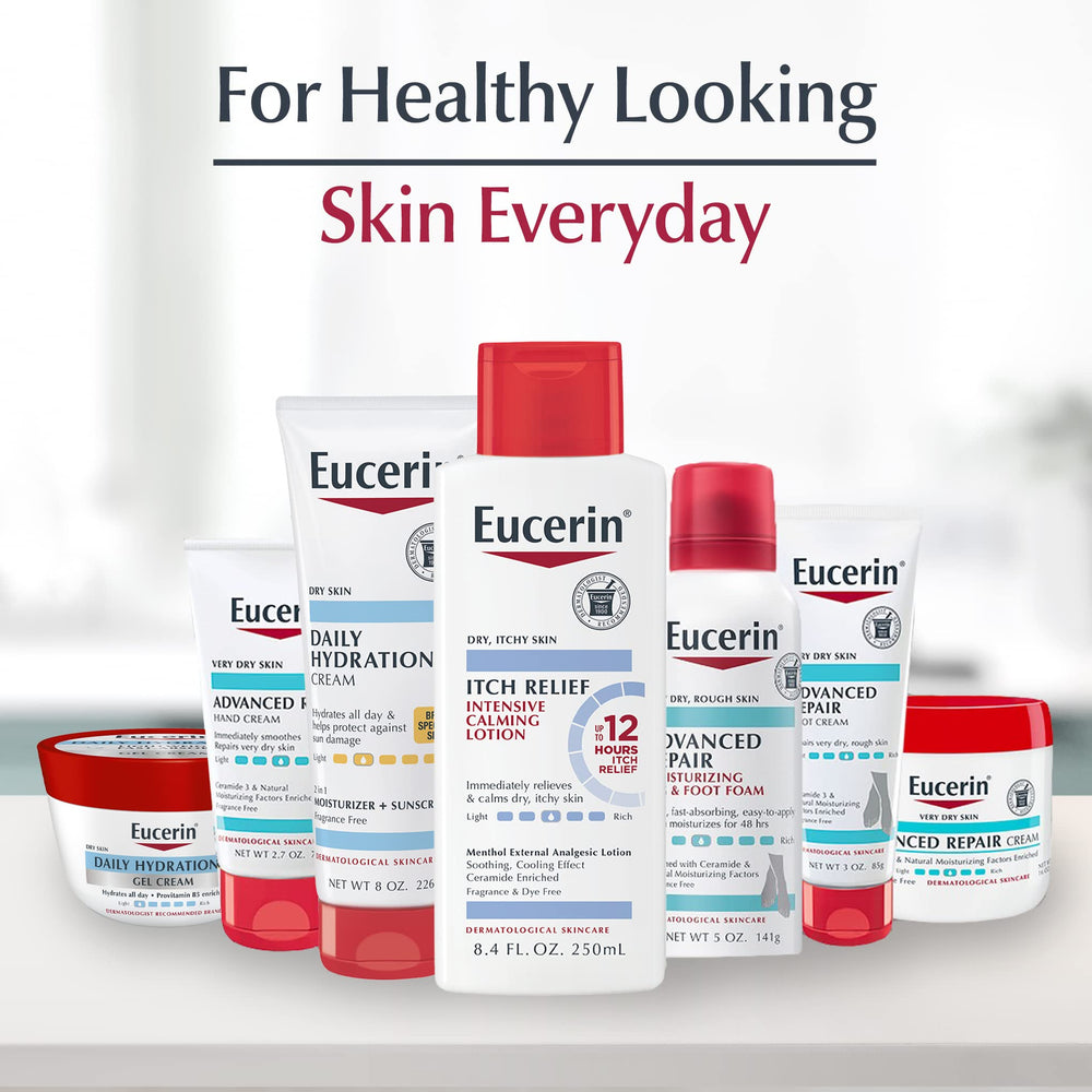 Aplicación de Eucerin en pies secos demostrando cuidado y protección de la piel