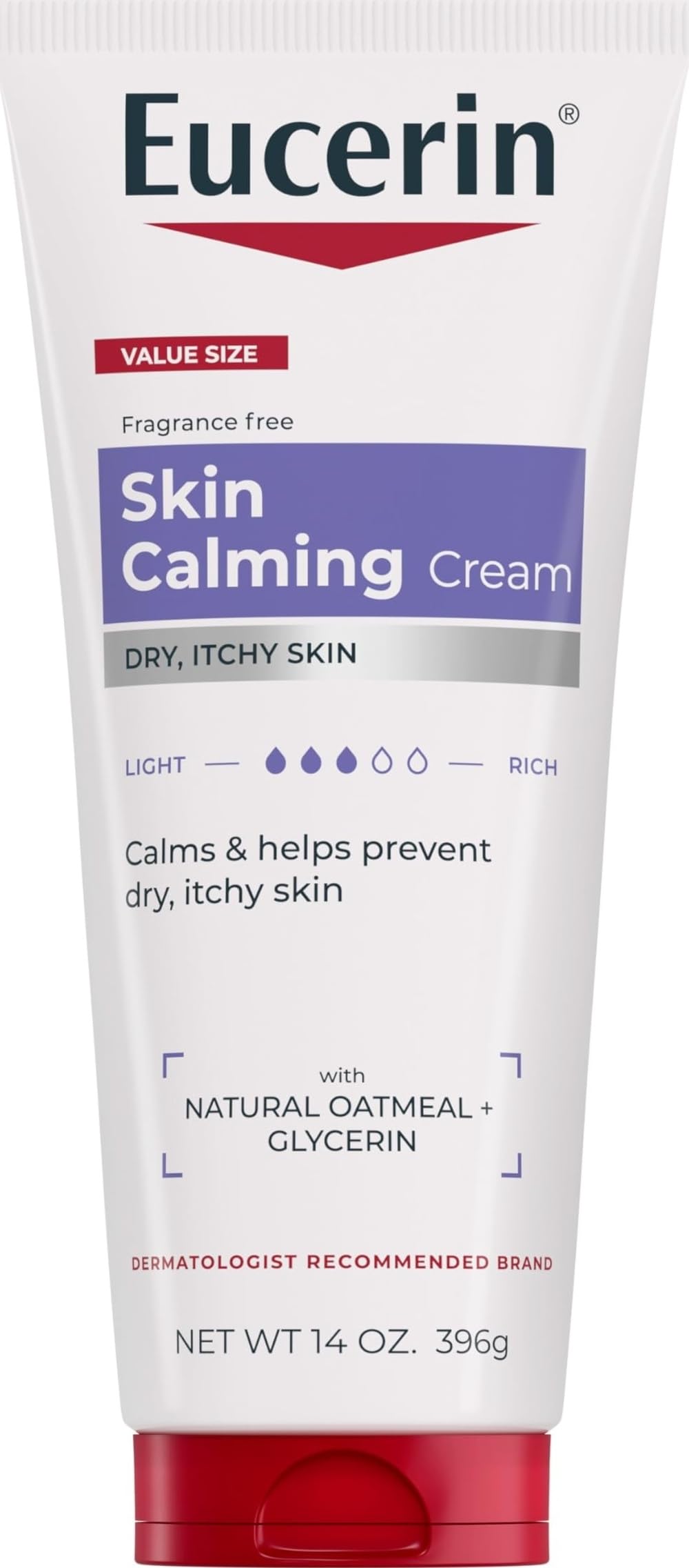 Eucerin crema Skin Calming vista frontal con envase de 14 oz para hidratación prolongada