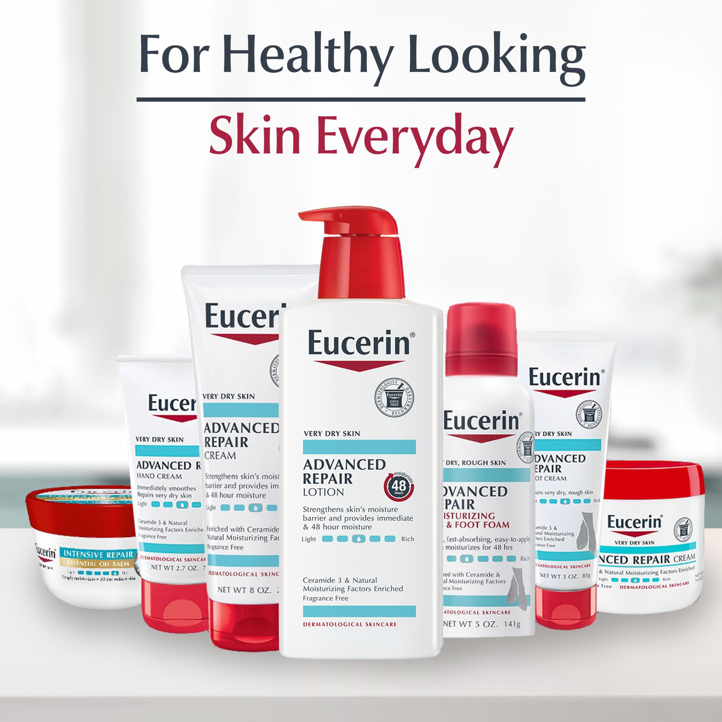 Eucerin loción aplicada en mano para reparación y suavidad