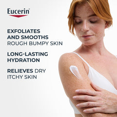 Eucerin botella junto a mano para mostrar tamaño práctico y ahorro
