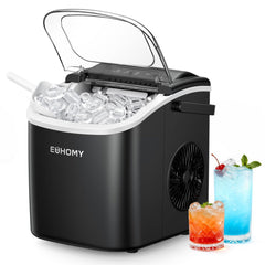 EUHOMY front view showing compact black countertop unit and fast ice production benefit