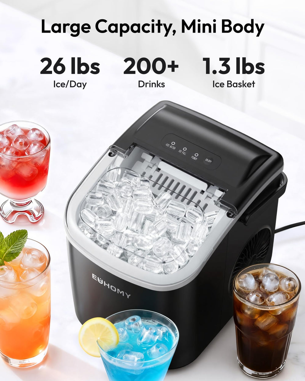 EUHOMY basket filled with bullet ice highlighting ready-to-serve convenience