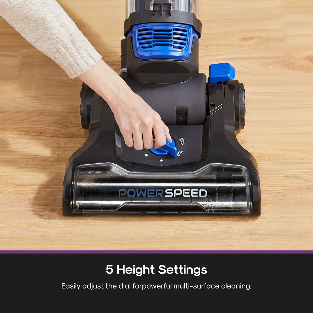 Eureka PowerSpeed cleaning hardwood floor with smooth wheels to prevent scratches