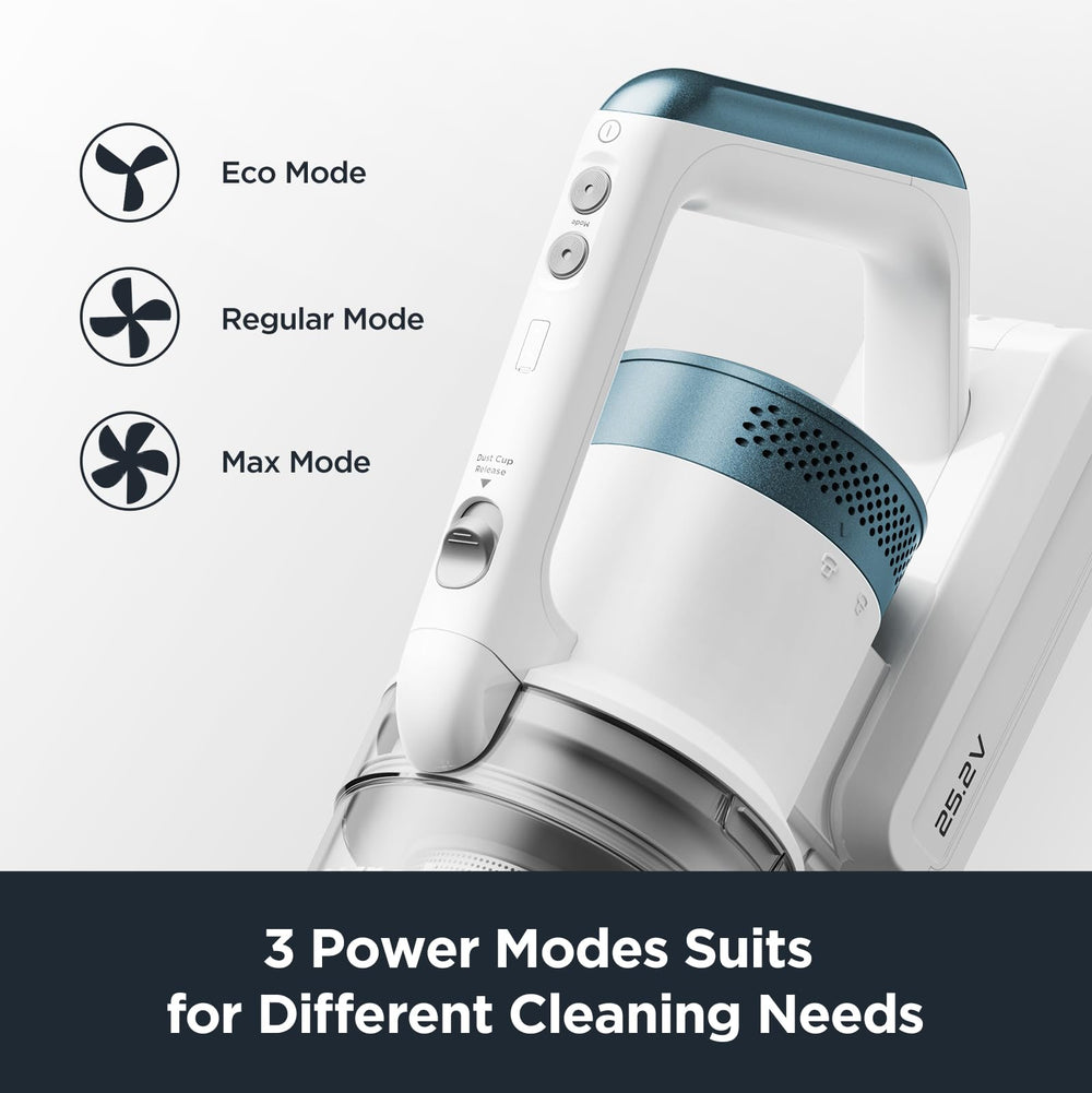 Eureka RapidClean Pro LED headlights illuminating dust under a sofa for thorough cleaning