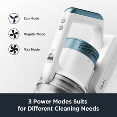 Eureka RapidClean Pro LED headlights illuminating dust under a sofa for thorough cleaning