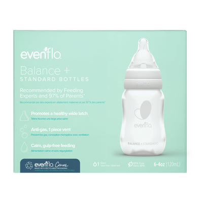 Evenflo bottle front packaging showing pack of six and features