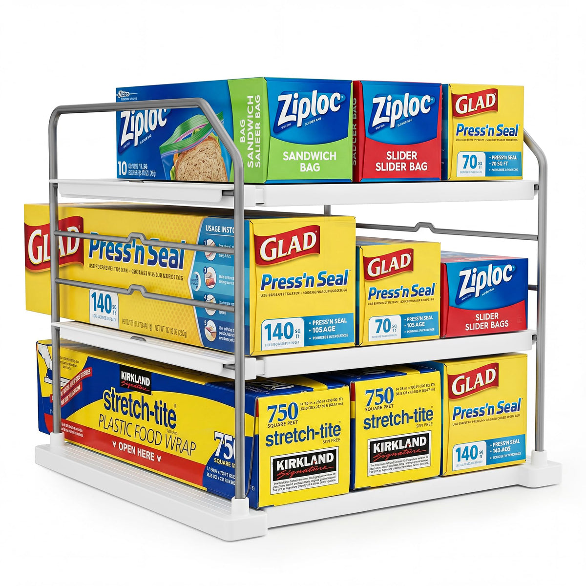 EVERIE front view of organizer showing three tiers and compact footprint, saves cabinet space