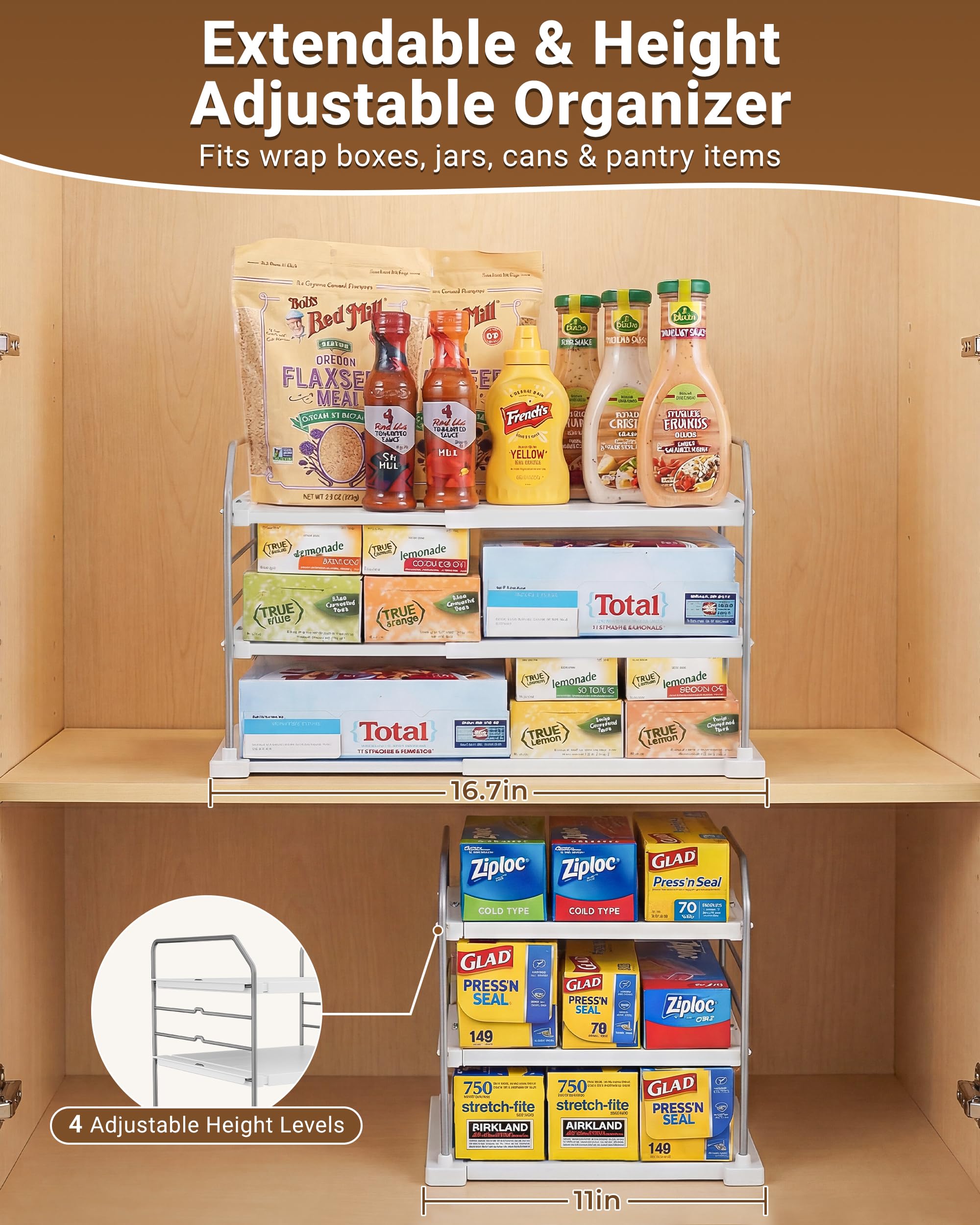 EVERIE side view expanded to show adjustable width, fits varied cabinet sizes