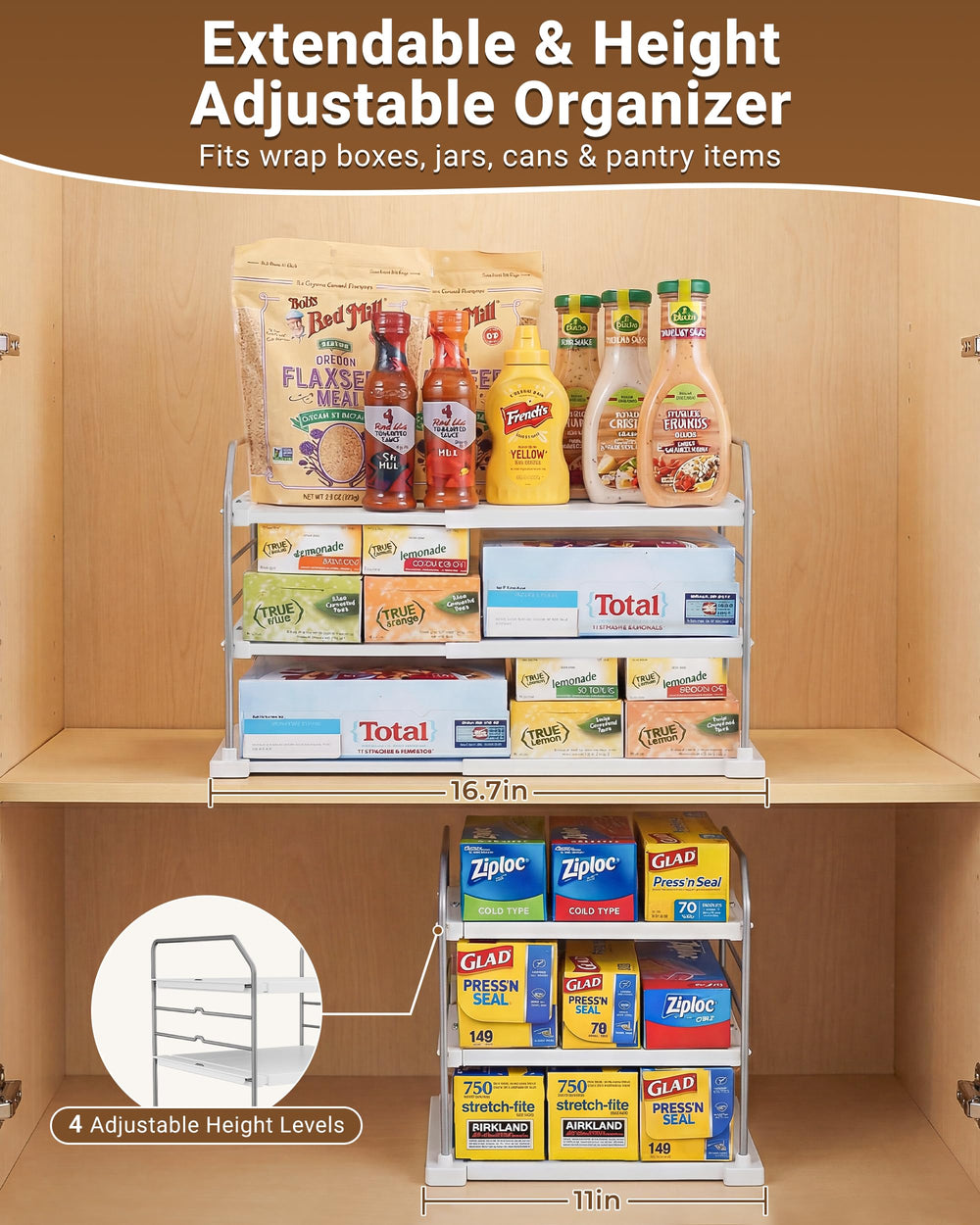 EVERIE side view expanded to show adjustable width, fits varied cabinet sizes