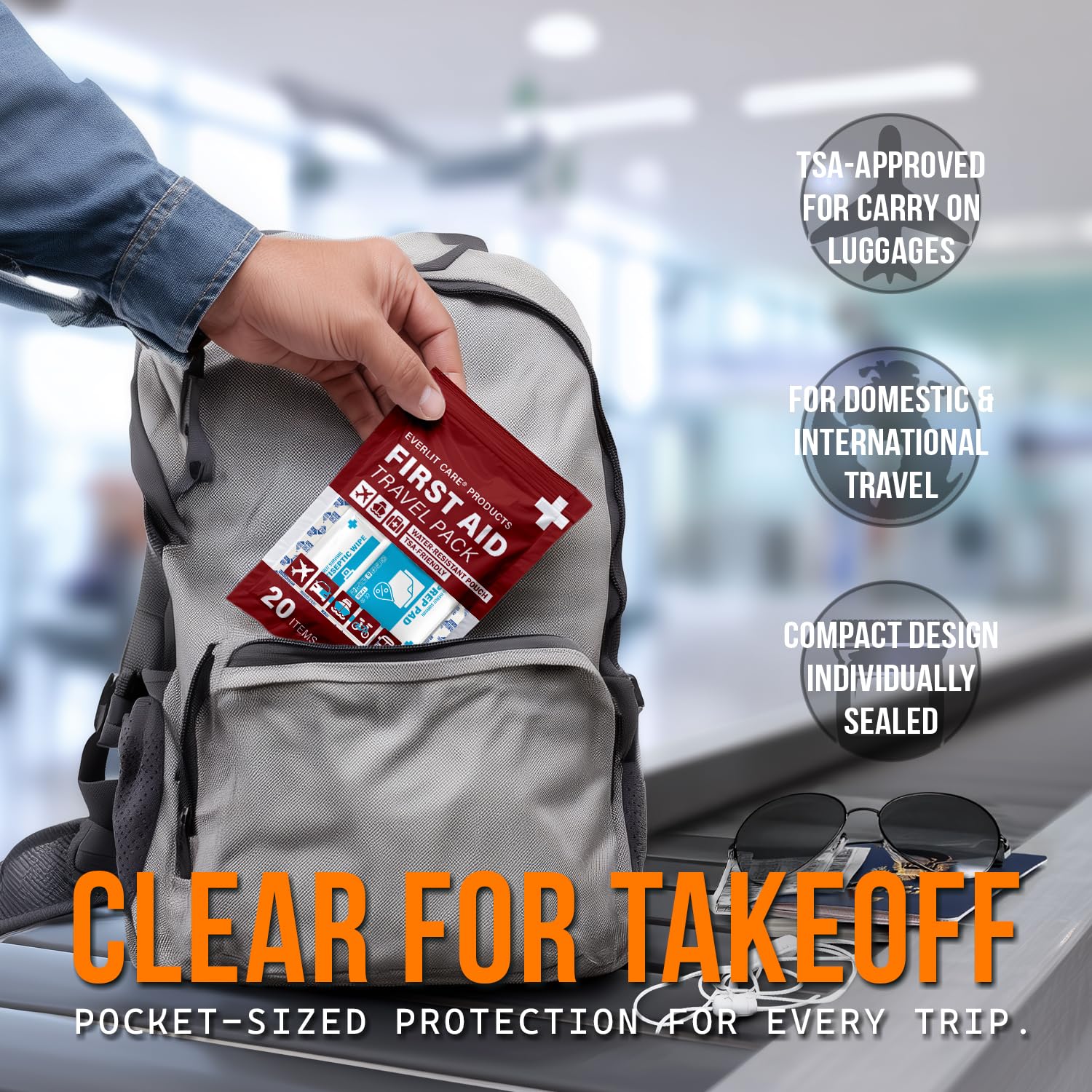 EVERLIT CARE paquete dentro de una mochila de viaje, fácil acceso